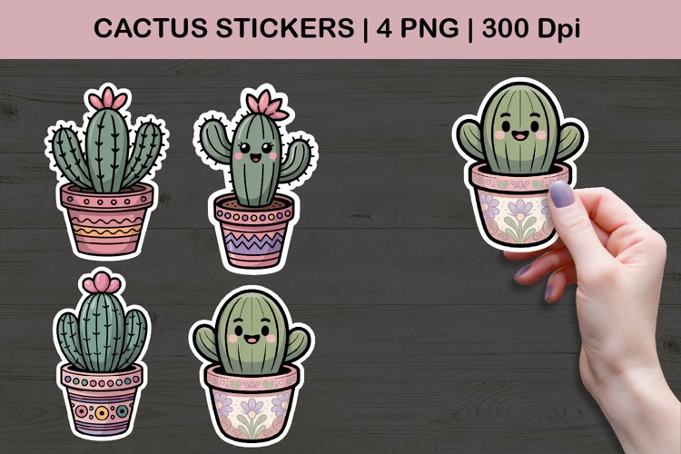Cute Cactus Sticker Illustrations | Kawaii Potted Plants PNG