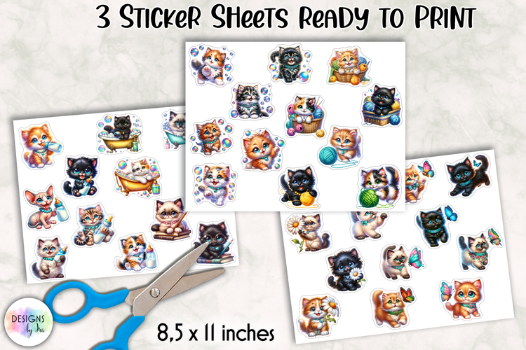 Cute Kitten Sticker Sheets, Printable Cat Lover Stickers
