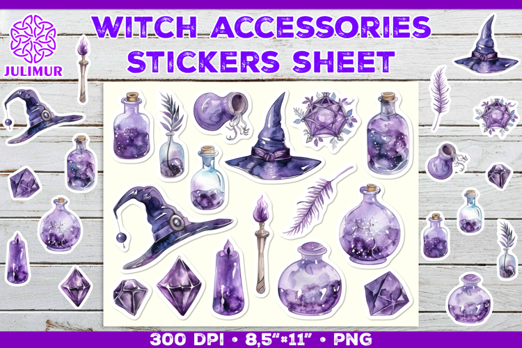 Printable Stickers Sheet with Watercolor witch accessories