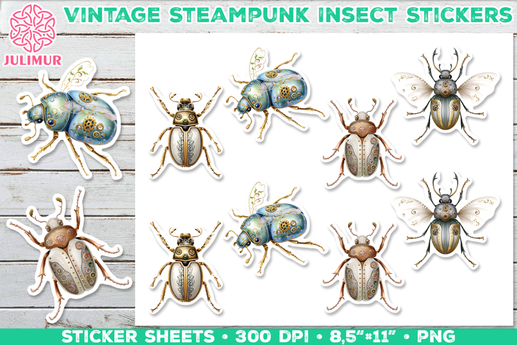 Vintage Steampunk Insect Stickers with Beetle Mechanical