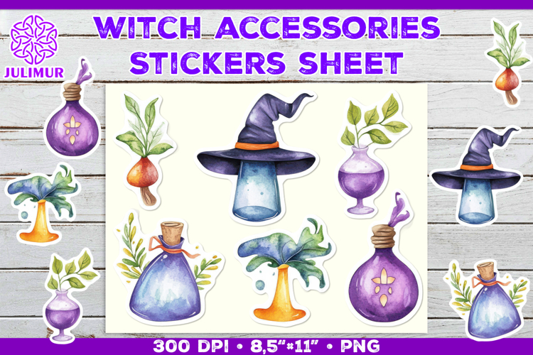 Printable Stickers Sheet with Watercolor witch accessories
