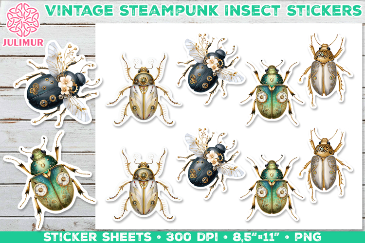 Vintage Steampunk Insect Stickers with Beetle Mechanical