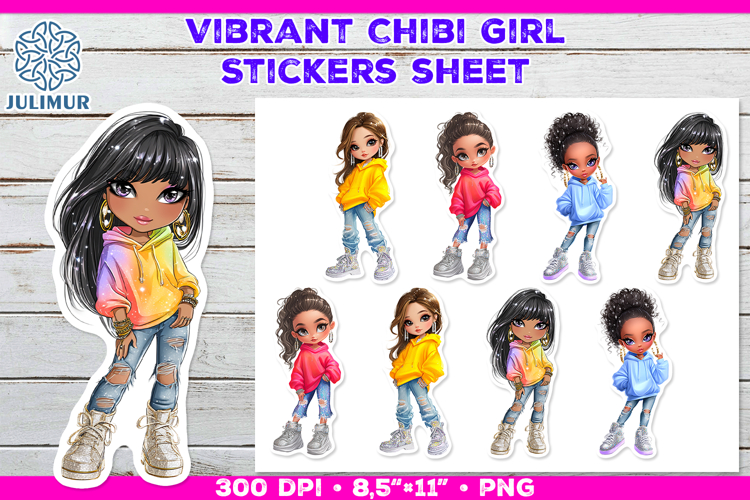 Vibrant Chibi Girl Stickers. Cute Planner Stickers PNG