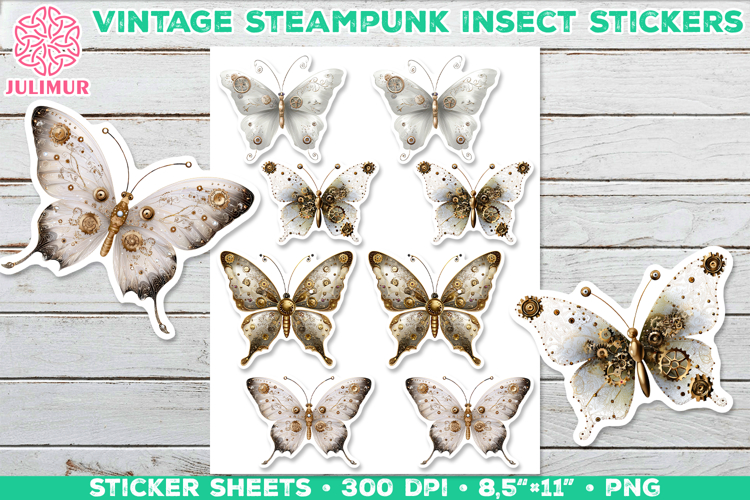 Vintage Steampunk Insect Stickers with Butterfly Mechanical