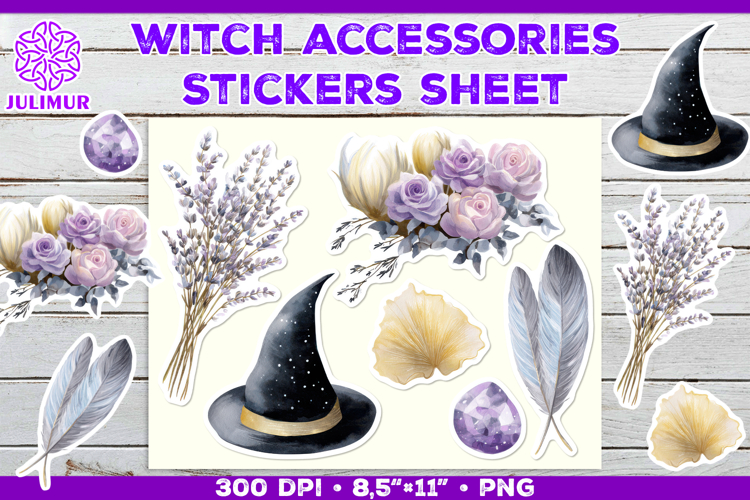 Printable Stickers Sheet with Watercolor witch accessories