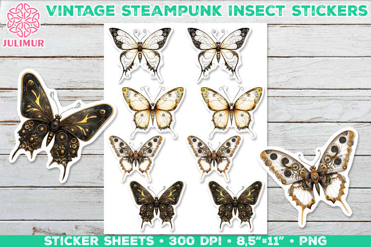 Vintage Steampunk Insect Stickers with Butterfly Mechanical