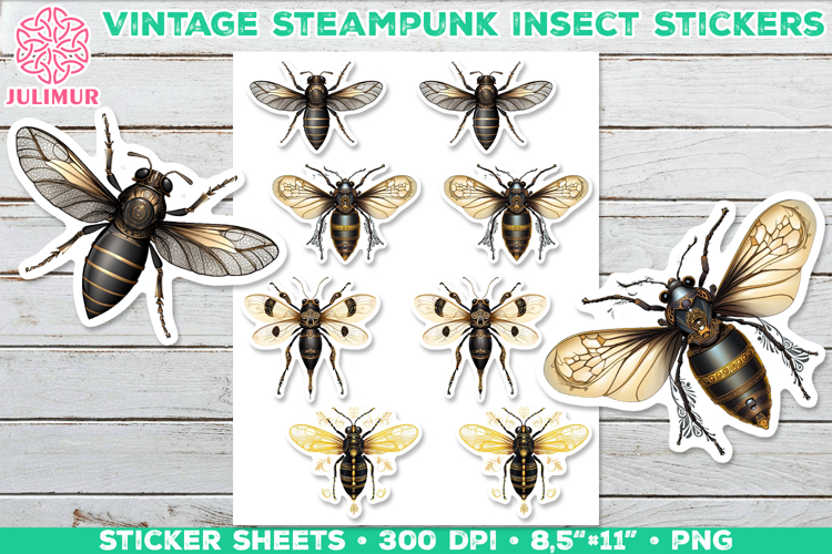 Vintage Steampunk Insect Stickers with Beetle Mechanical