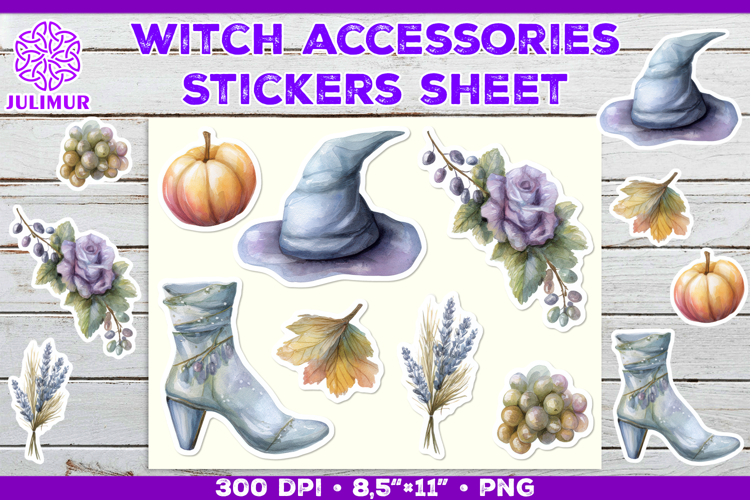 Printable Stickers Sheet with Watercolor witch accessories
