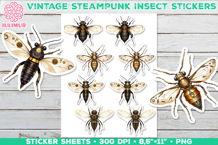Vintage Steampunk Insect Stickers with Beetle Mechanical