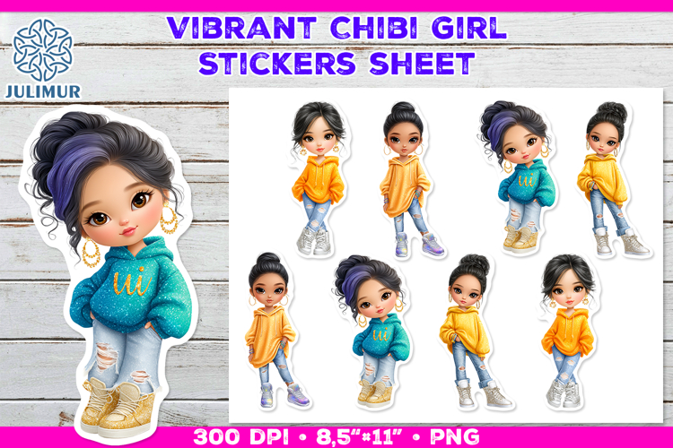 Vibrant Chibi Girl Stickers. Cute Planner Stickers PNG