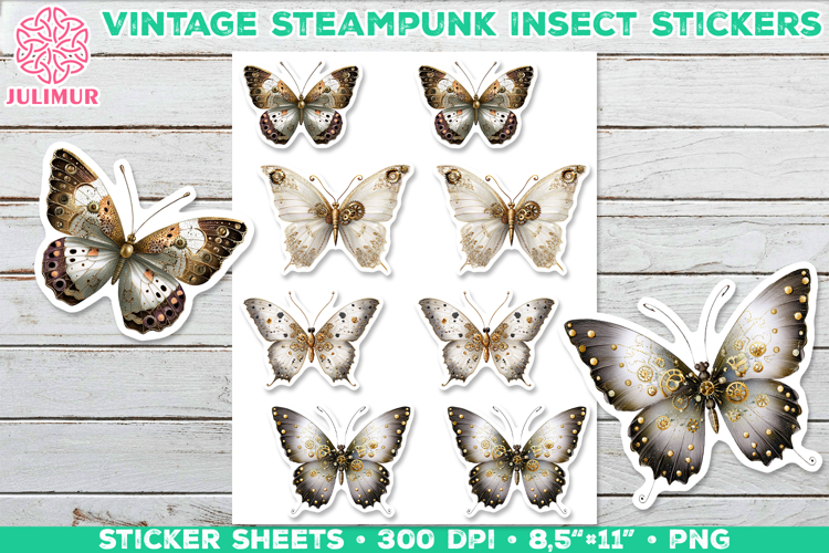 Vintage Steampunk Insect Stickers with Butterfly Mechanical