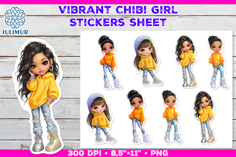 Vibrant Chibi Girl Stickers. Cute Planner Stickers PNG