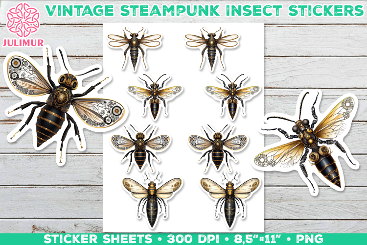 Vintage Steampunk Insect Stickers with Beetle Mechanical