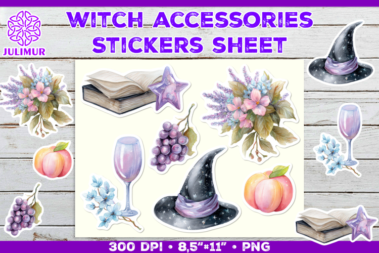 Printable Stickers Sheet with Watercolor witch accessories