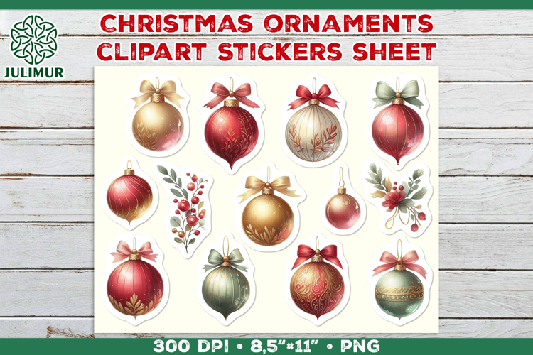 Watercolor Christmas Ornaments Printable Stickers Sheet