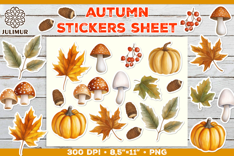 Printable Stickers Sheet with Watercolor Autumn Clipart