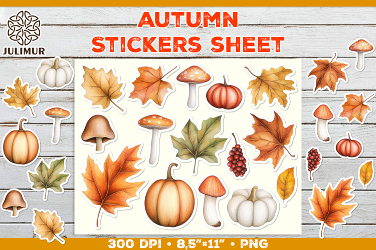 Printable Stickers Sheet with Watercolor Autumn Clipart