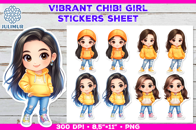 Vibrant Chibi Girl Stickers. Cute Planner Stickers PNG