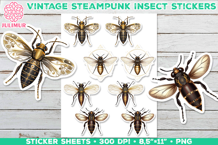 Vintage Steampunk Insect Stickers with Beetle Mechanical