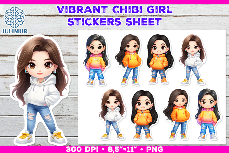 Vibrant Chibi Girl Stickers. Cute Planner Stickers PNG
