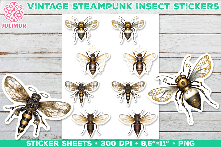 Vintage Steampunk Insect Stickers with Beetle Mechanical