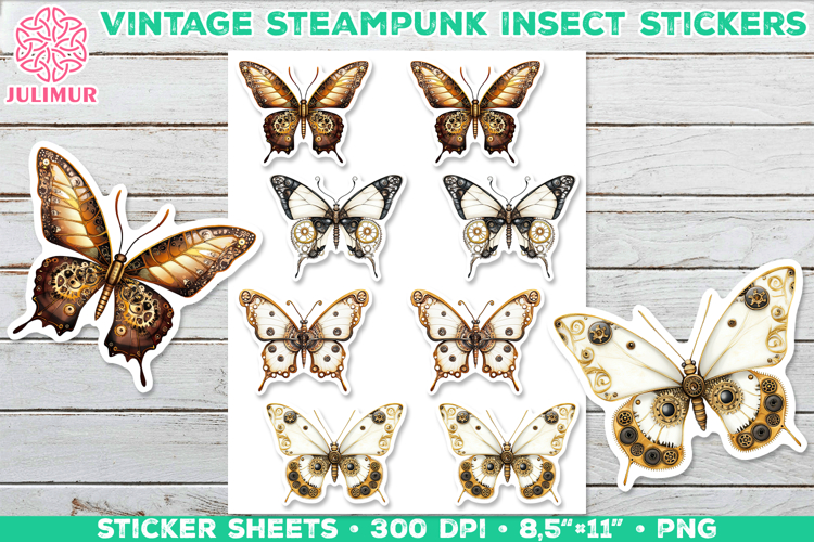 Vintage Steampunk Insect Stickers with Butterfly Mechanical