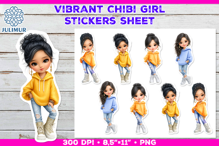 Vibrant Chibi Girl Stickers. Cute Planner Stickers PNG