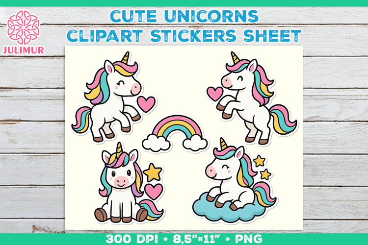 Cute Cartoon Unicorn Printable Stickers with Rainbow