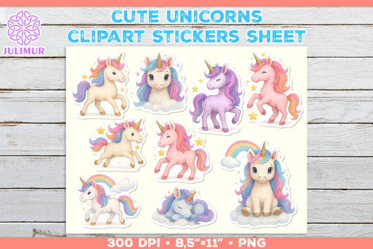 Cute Cartoon Unicorn Printable Stickers with Rainbow