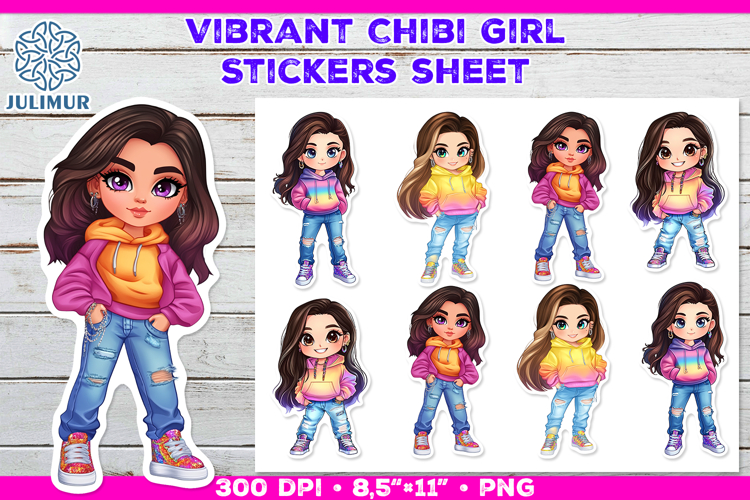 Vibrant Chibi Girl Stickers. Cute Planner Stickers PNG
