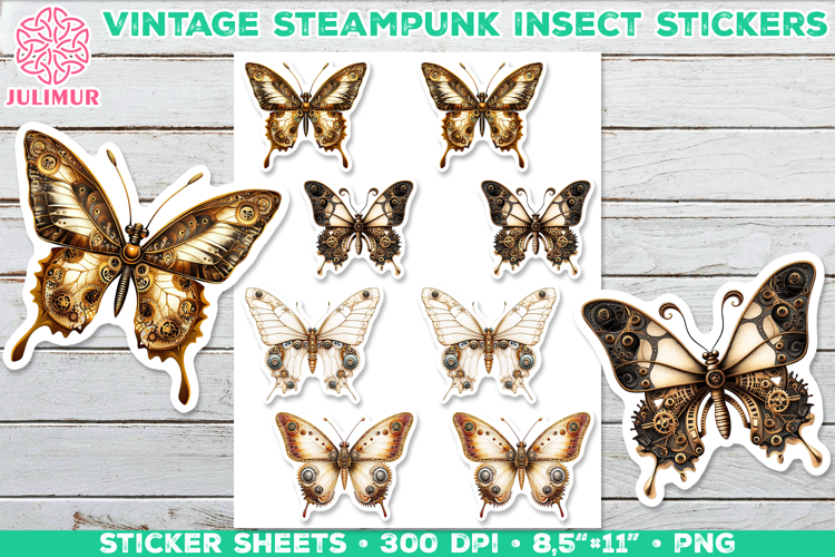 Vintage Steampunk Insect Stickers with Butterfly Mechanical