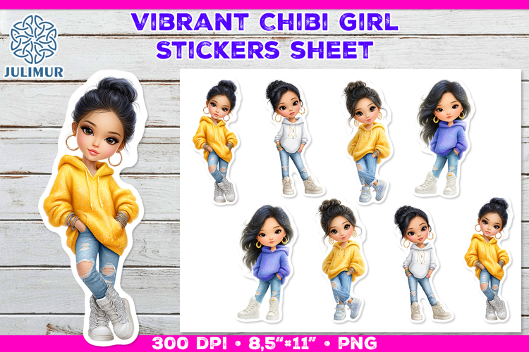 Vibrant Chibi Girl Stickers. Cute Planner Stickers PNG