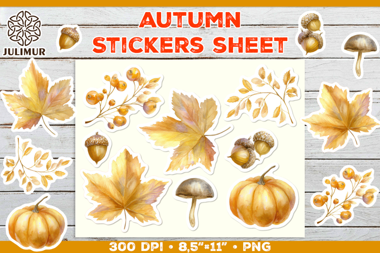 Printable Stickers Sheet with Watercolor Autumn Clipart
