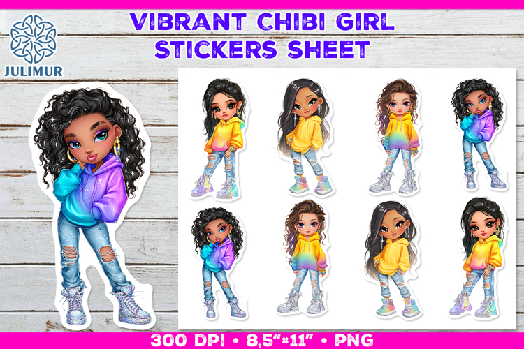 Vibrant Chibi Girl Stickers. Cute Planner Stickers PNG
