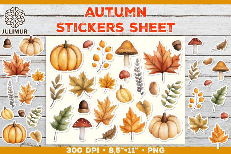 Printable Stickers Sheet with Watercolor Autumn Clipart
