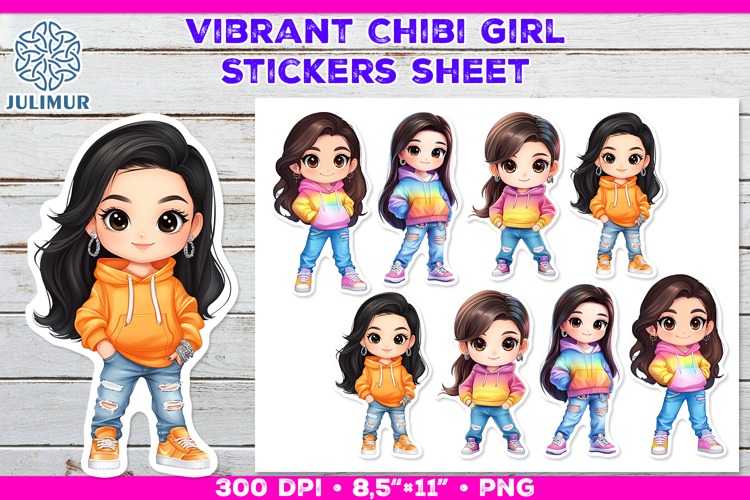Vibrant Chibi Girl Stickers. Cute Planner Stickers PNG