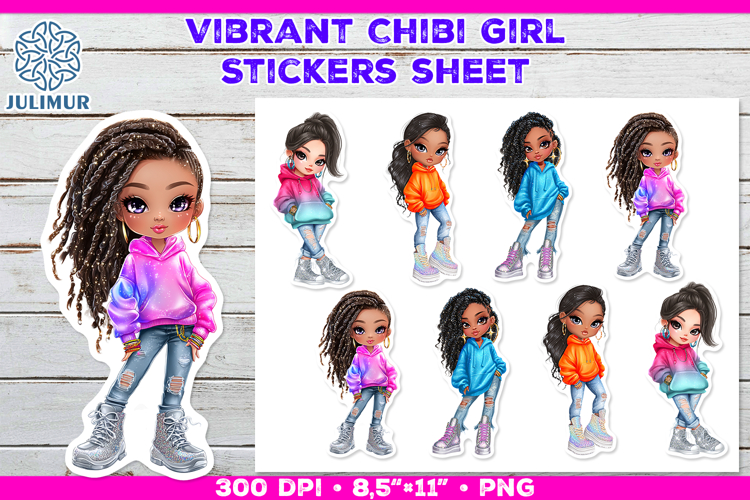 Vibrant Chibi Girl Stickers. Cute Planner Stickers PNG
