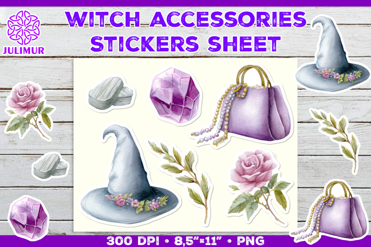 Printable Stickers Sheet with Watercolor witch accessories