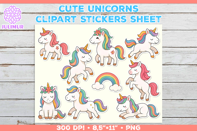 Cute Cartoon Unicorn Printable Stickers with Rainbow