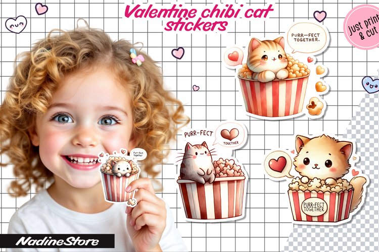 Chibi Valentine cat printable stickers. example image 1