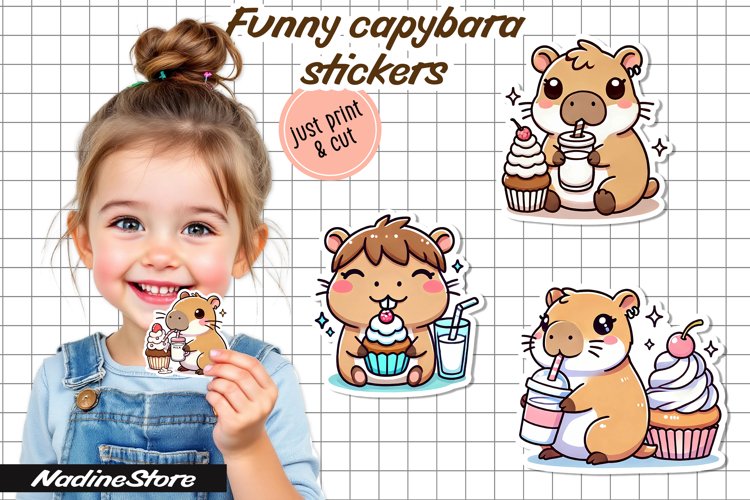 Funny capybara printable stickers. PNG. example image 1