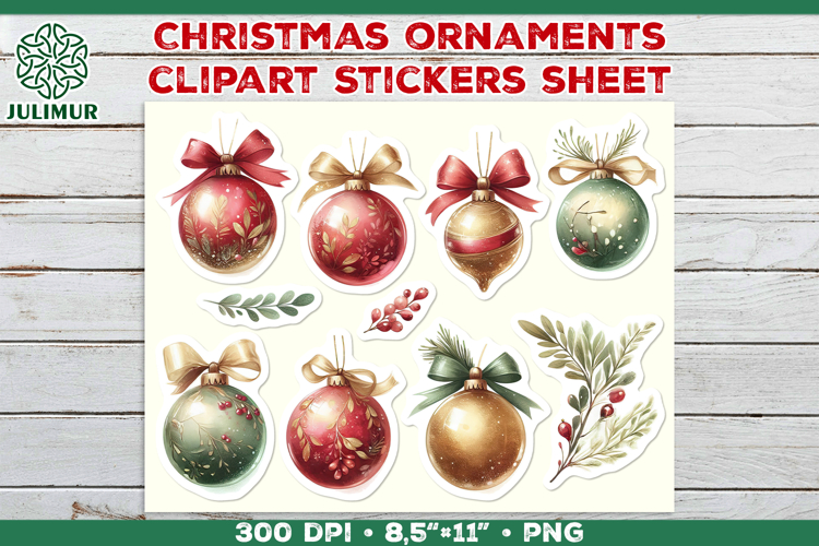 Watercolor Christmas Ornaments Printable Stickers Sheet