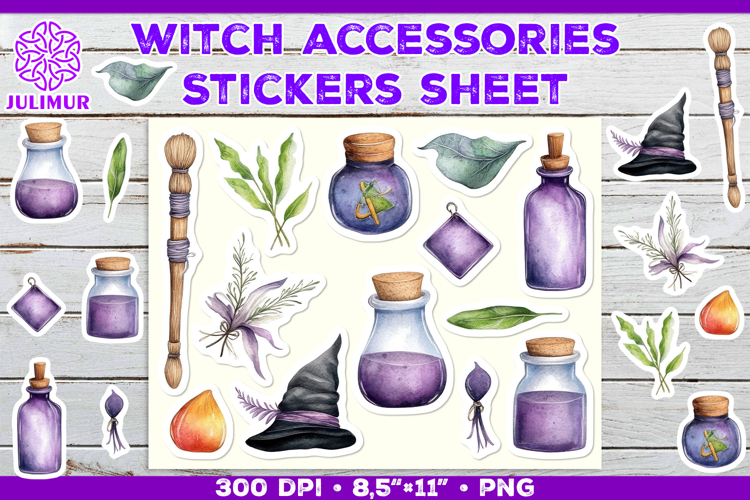 Printable Stickers Sheet with Watercolor witch accessories