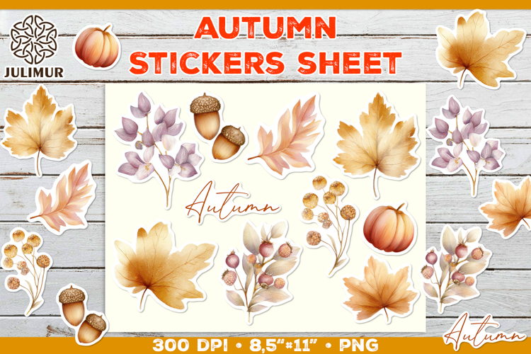 Printable Stickers Sheet with Watercolor Autumn Clipart