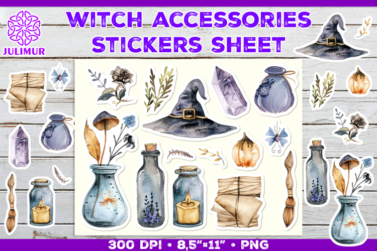 Printable Stickers Sheet with Watercolor witch accessories