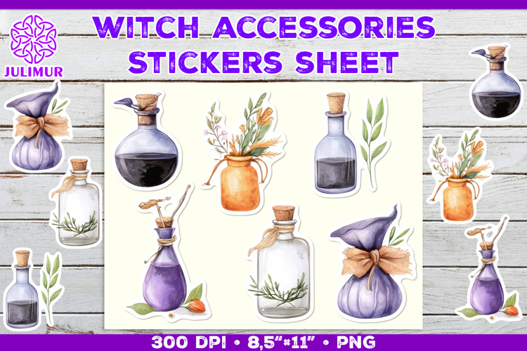 Printable Stickers Sheet with Watercolor witch accessories