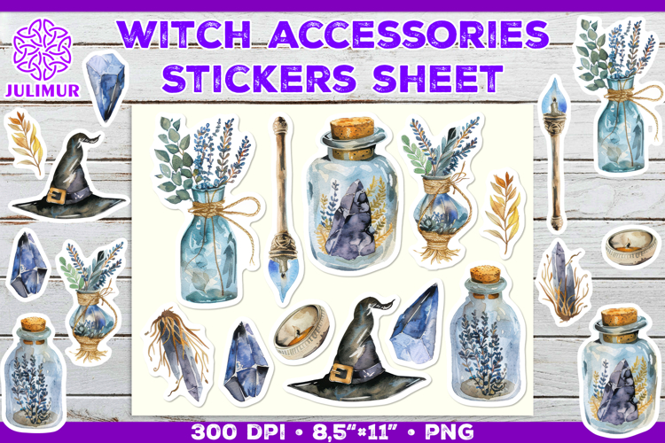Printable Stickers Sheet with Watercolor witch accessories