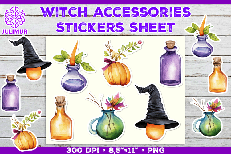 Printable Stickers Sheet with Watercolor witch accessories