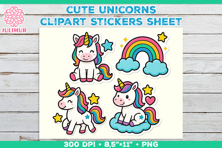 Cute Cartoon Unicorn Printable Stickers with Rainbow