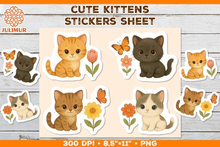 Cute Kitten Stickers PNG. Adorable Kawaii Cat Stickers PNG